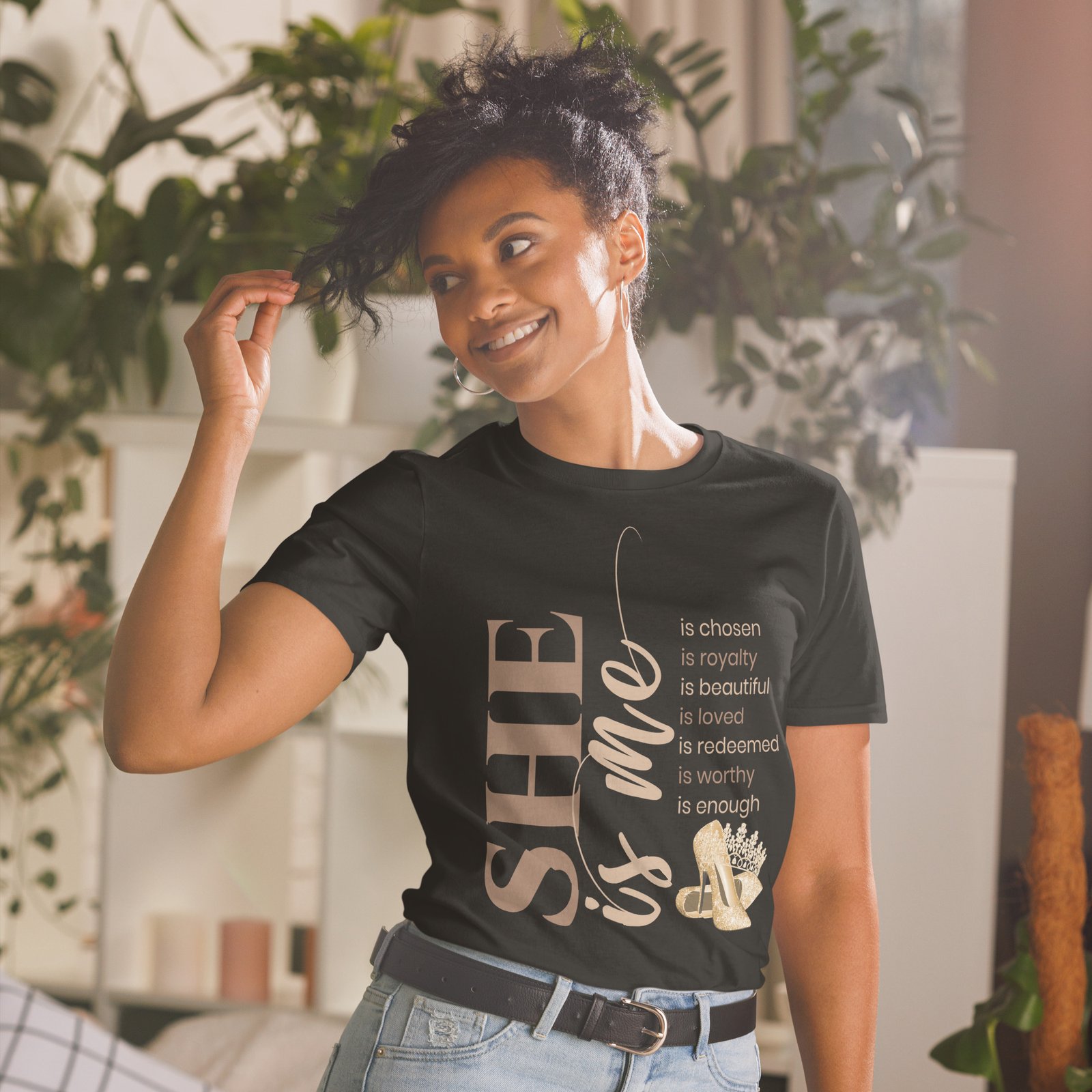 unisex-basic-softstyle-t-shirt-black-front-68f1e601596c2.jpg "She Is Me" Affirmation T-Shirt - Image 1